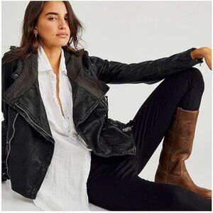 We The Free Cleo Vegan Leather Hooded Moto Jacket Black Size Medium